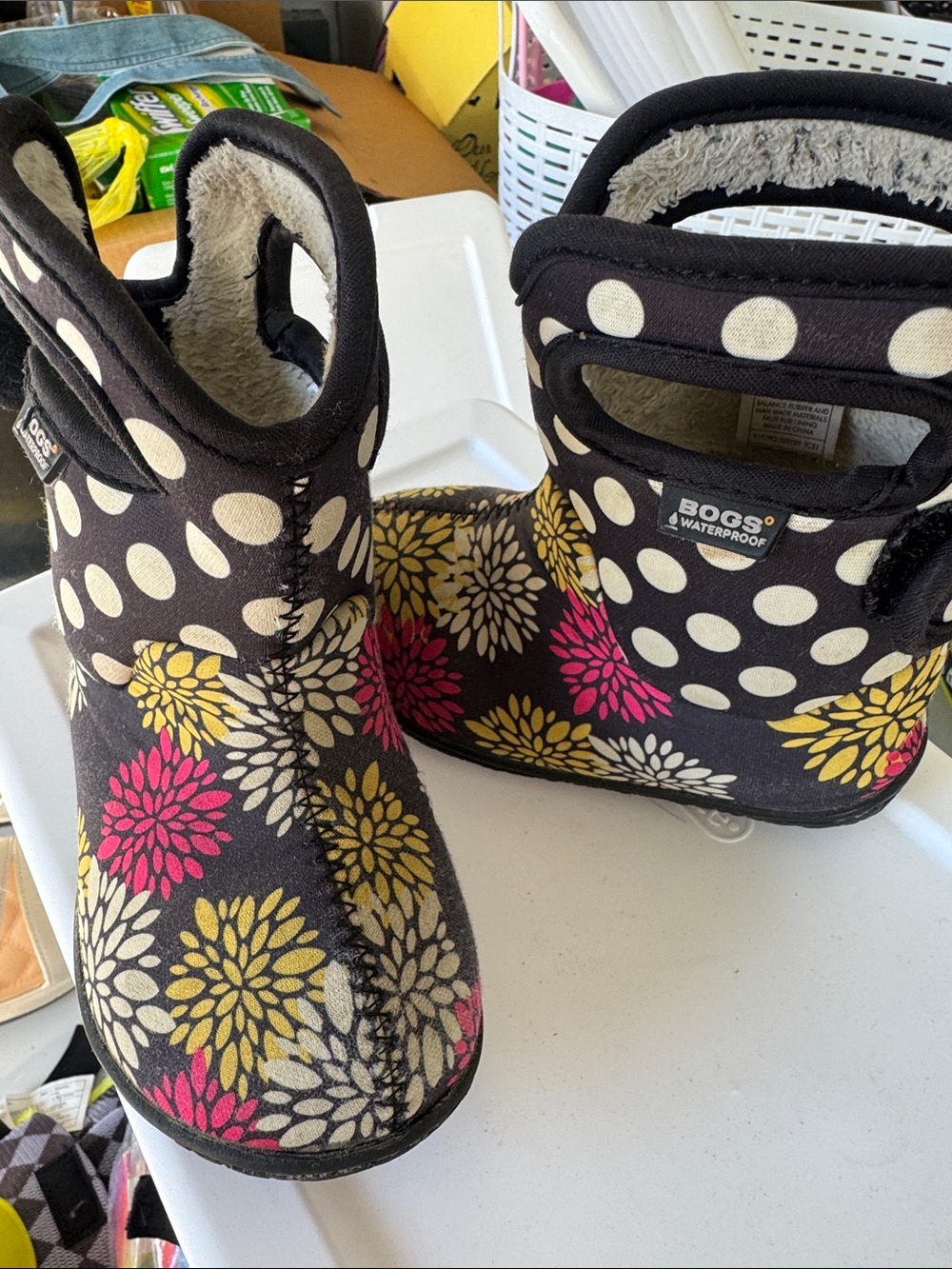 Bogs Kids Black Boots with Pink & Yellow Floral Dots